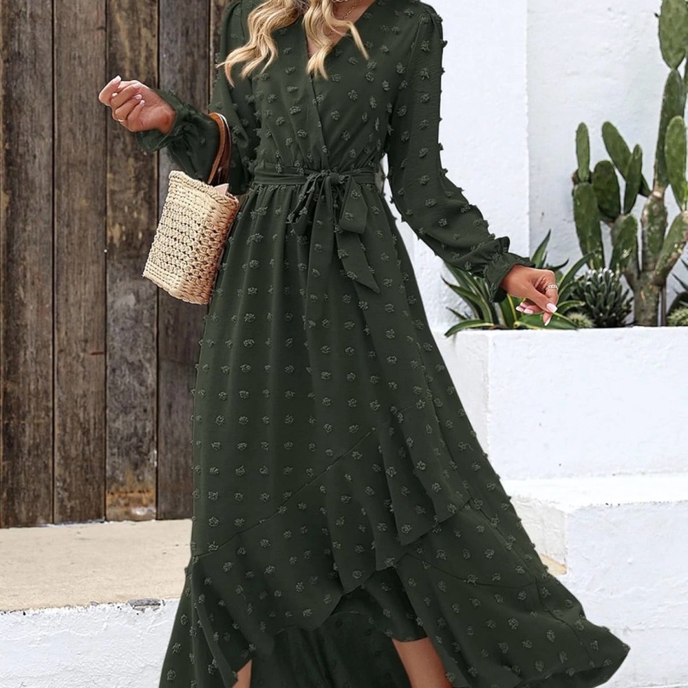 BTFBM V-Neck Swiss Dot Boho Flowy Ruffle Slit Maxi Cocktail Dress Green Size L
